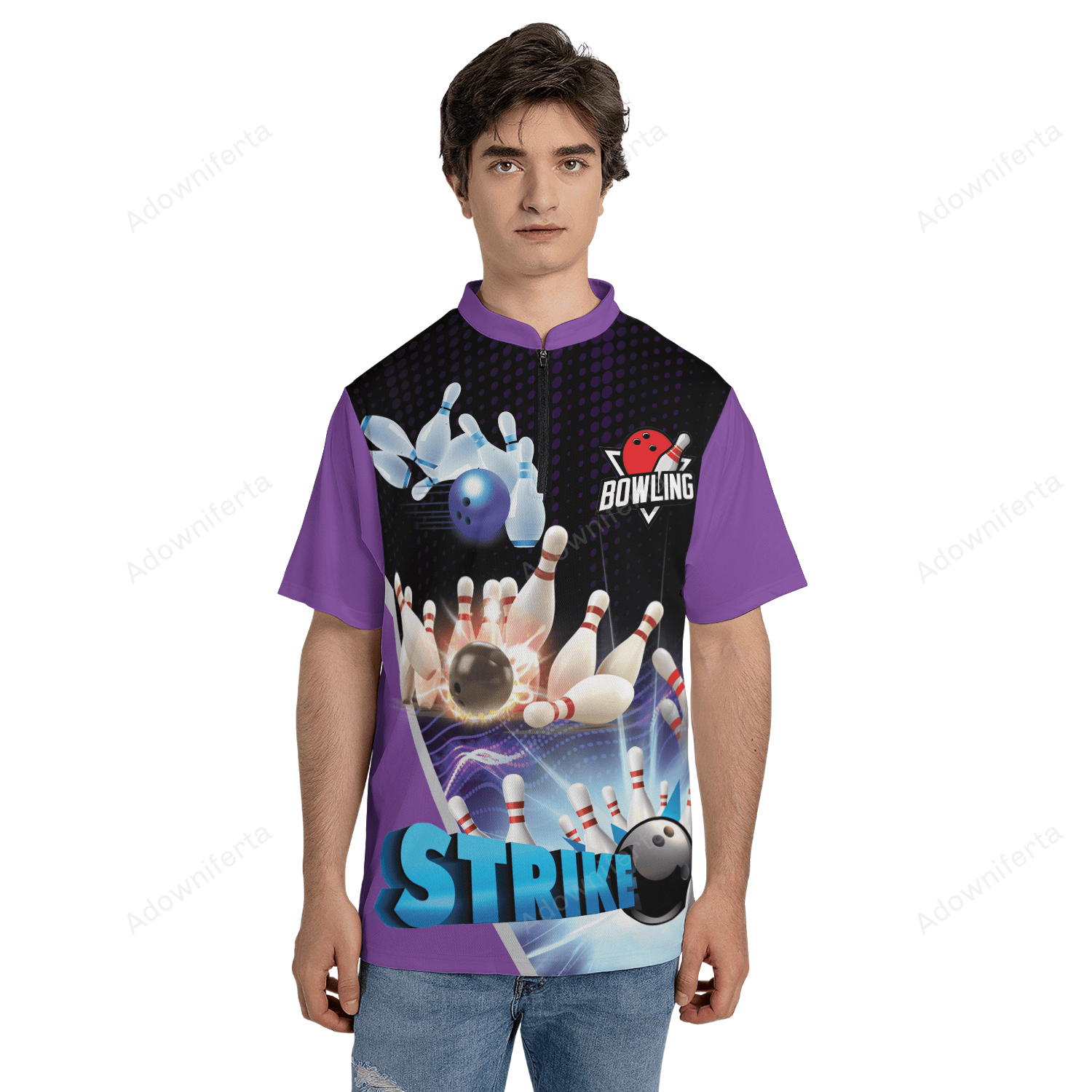 10 Pins Strike Purple Bowling Jersey Shirt