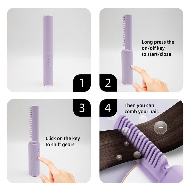 Dual-Purpose Mini Wireless Rechargeable Hair Comb for Straightening and Curling with Negative Ion Technology