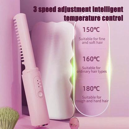 Dual-Purpose Mini Wireless Rechargeable Hair Comb for Straightening and Curling with Negative Ion Technology