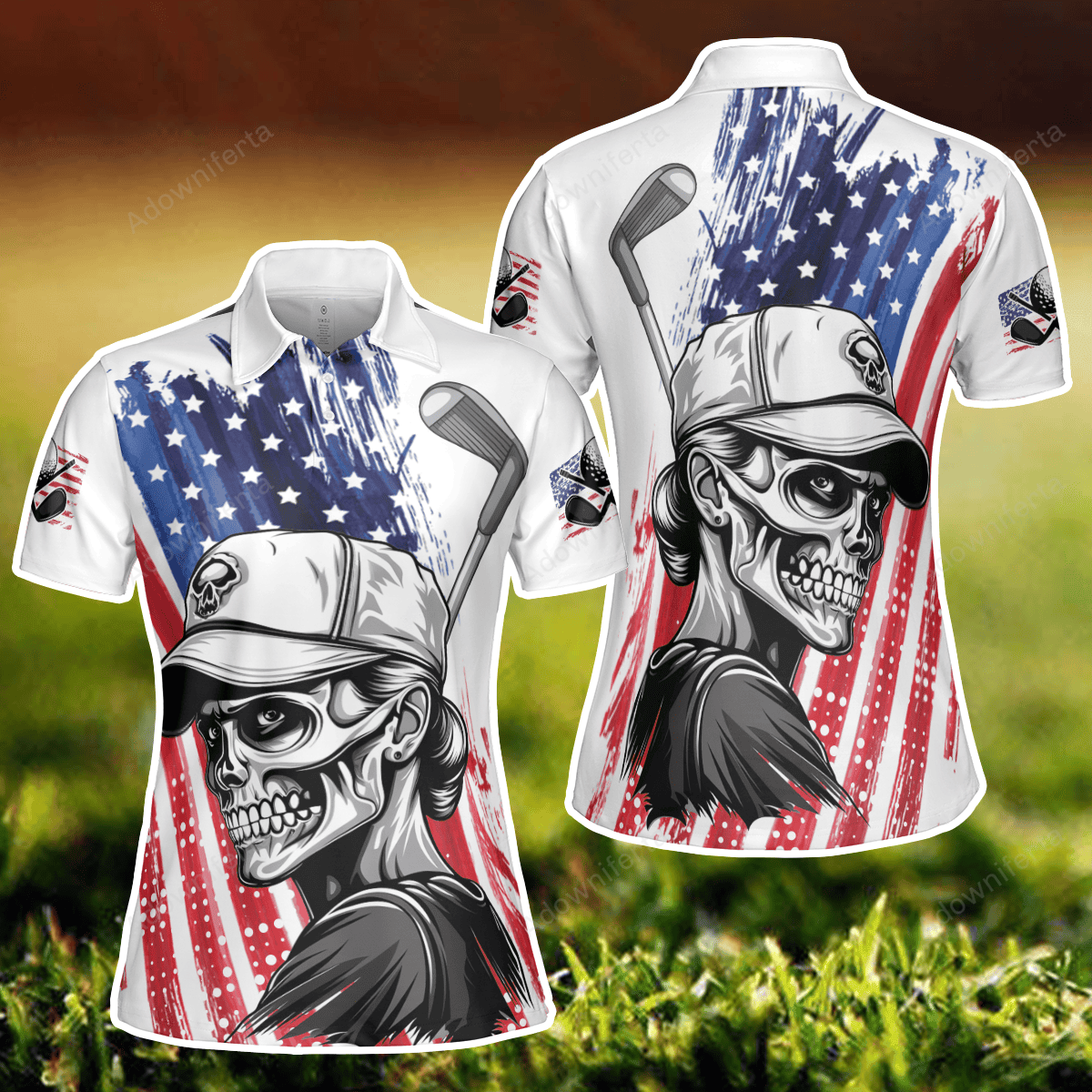 American Flag Skull Girl Golf Polo Shirt For Women