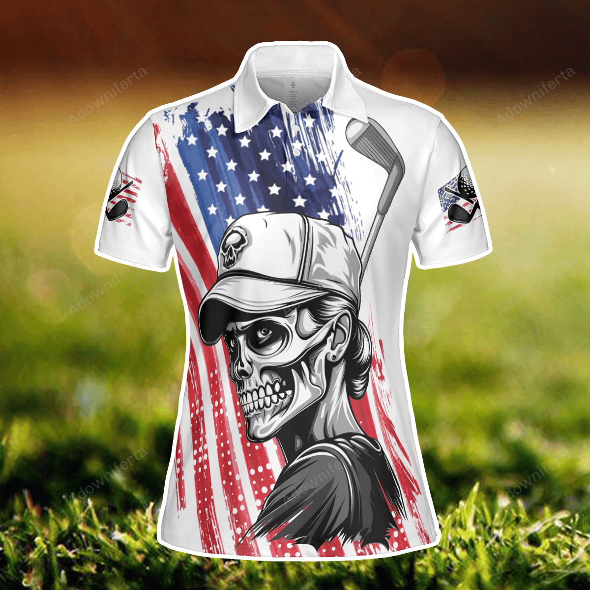 American Flag Skull Girl Golf Polo Shirt For Women