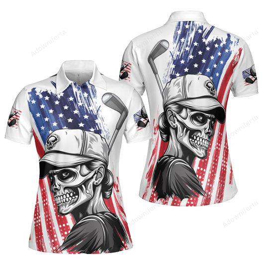 American Flag Skull Girl Golf Polo Shirt For Women