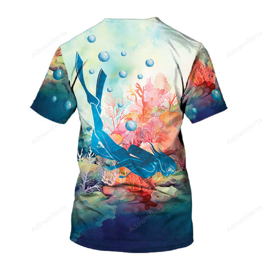 Water Color Coral Reef Diving Scene T-Shirt For Men & Women