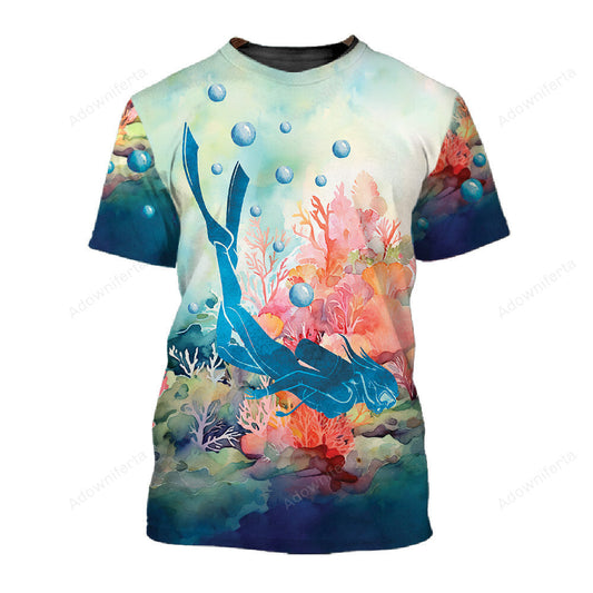 Water Color Coral Reef Diving Scene T-Shirt For Men & Women