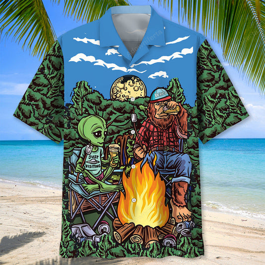 Alien Bigfoot Campfire Night Hawaiian Shirt