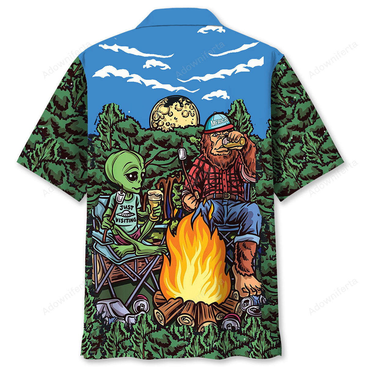Alien Bigfoot Campfire Night Hawaiian Shirt