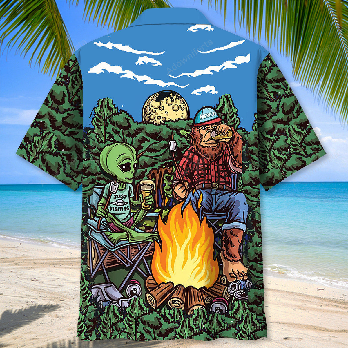 Alien Bigfoot Campfire Night Hawaiian Shirt
