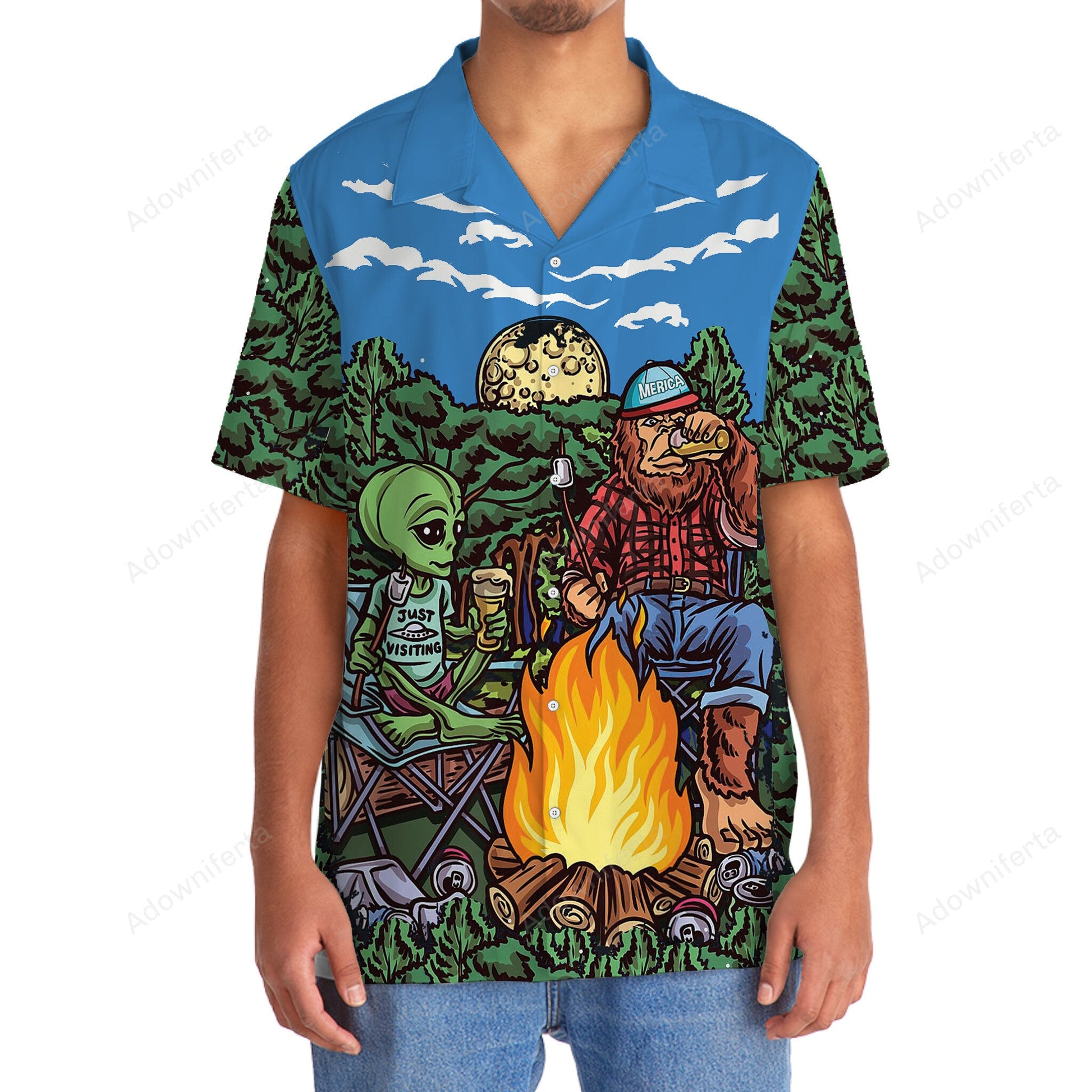 Alien Bigfoot Campfire Night Hawaiian Shirt