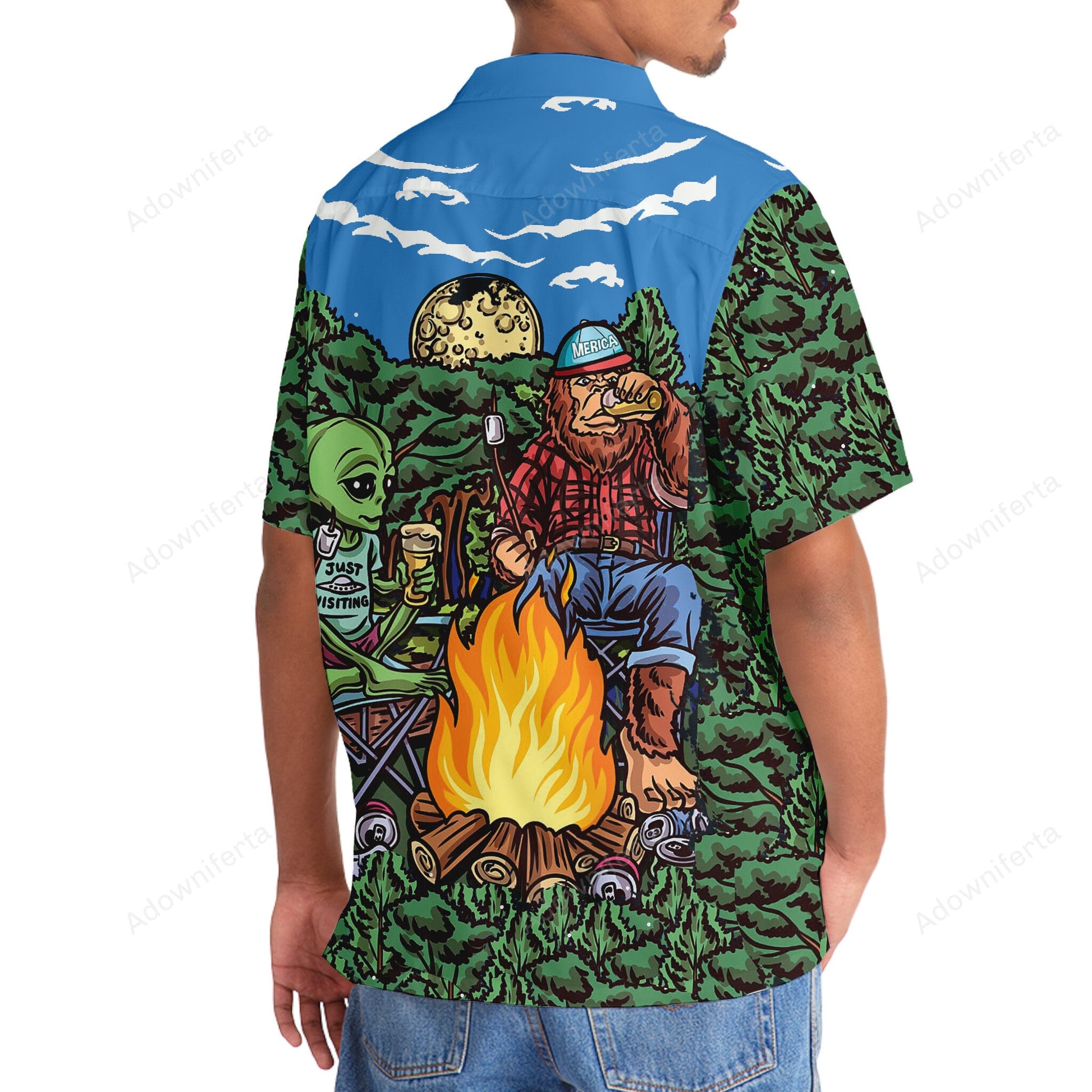 Alien Bigfoot Campfire Night Hawaiian Shirt