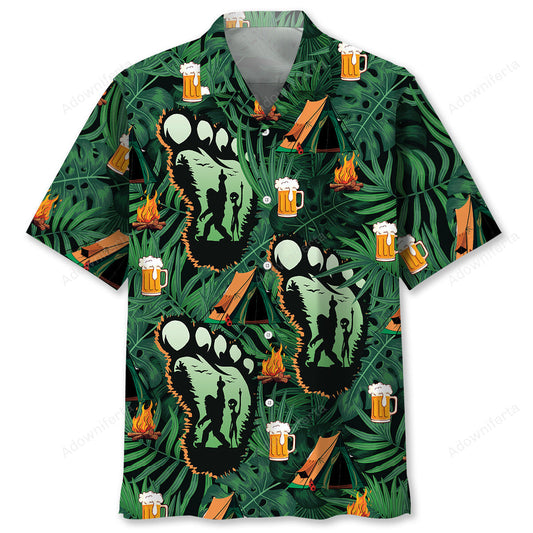 Camping Bigfoot Alien Fire and Beer Hawaiian Shirt