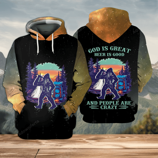 Camping God Is Great Beer Is Good and People Are Crazy All Over Print Shirt