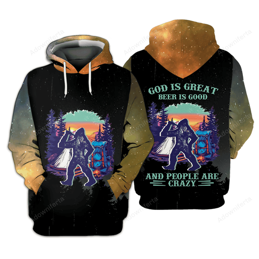 Camping God Is Great Beer Is Good and People Are Crazy All Over Print Shirt